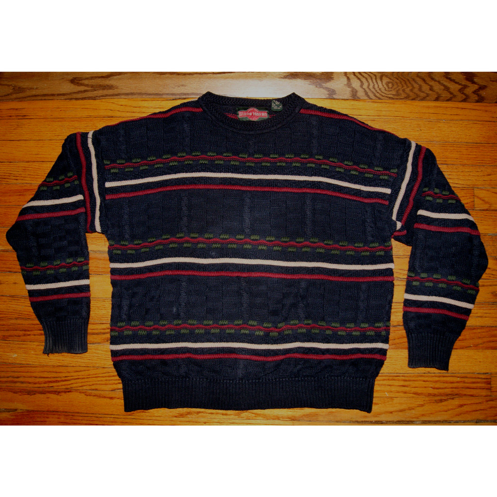 VTG Stone Haven Sweater Mens L Textured Knit Striped Ramie Cotton Grandpa Grunge